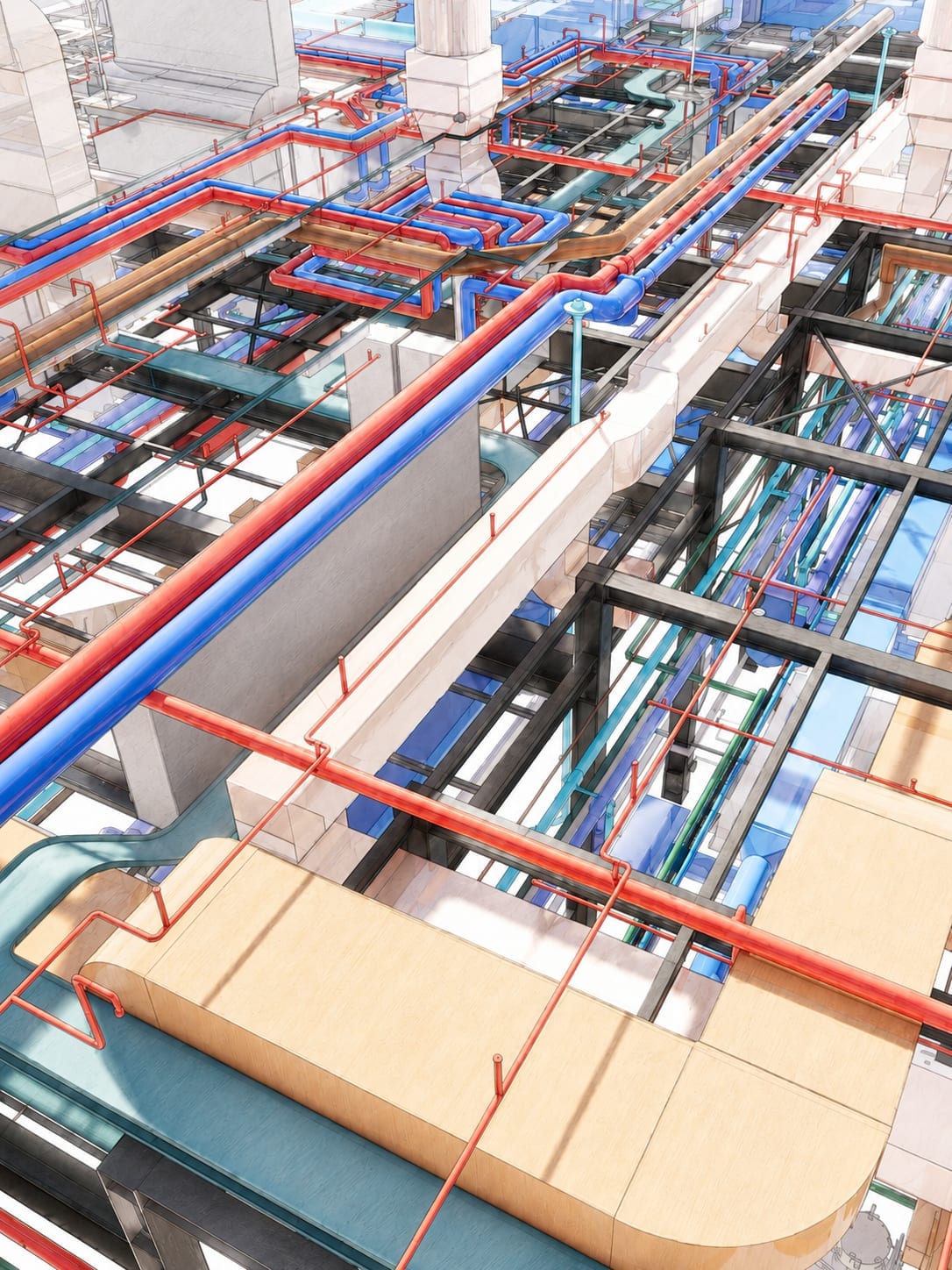 Coordinated building services model showing mechanical, electrical, and fire-protection routes